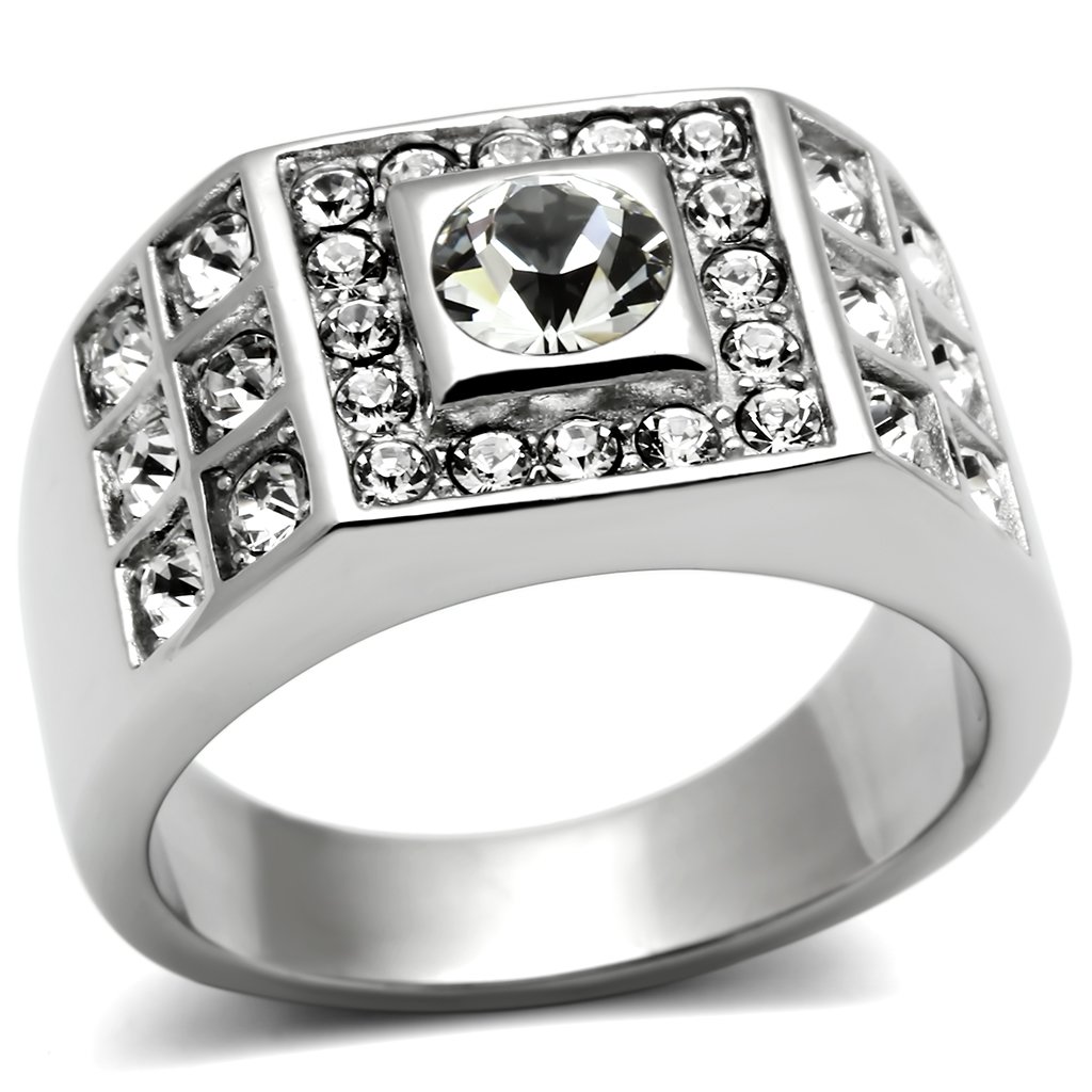 Men's stainless steel ring featuring a high-polished finish and a clear synthetic crystal centerpiece, showcasing elegance and durability.