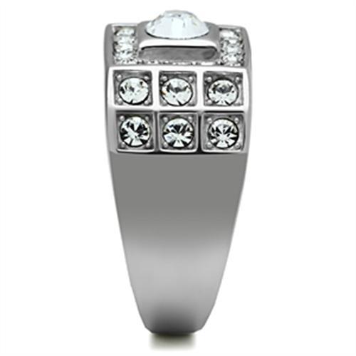 Men's stainless steel ring featuring a high-polished finish and a clear synthetic crystal centerpiece, showcasing elegance and durability.