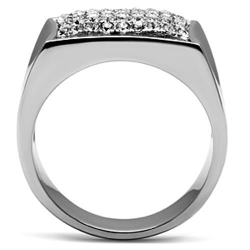 Men's stainless steel ring featuring a high-polished finish and a clear synthetic crystal centerpiece, showcasing elegance and durability.