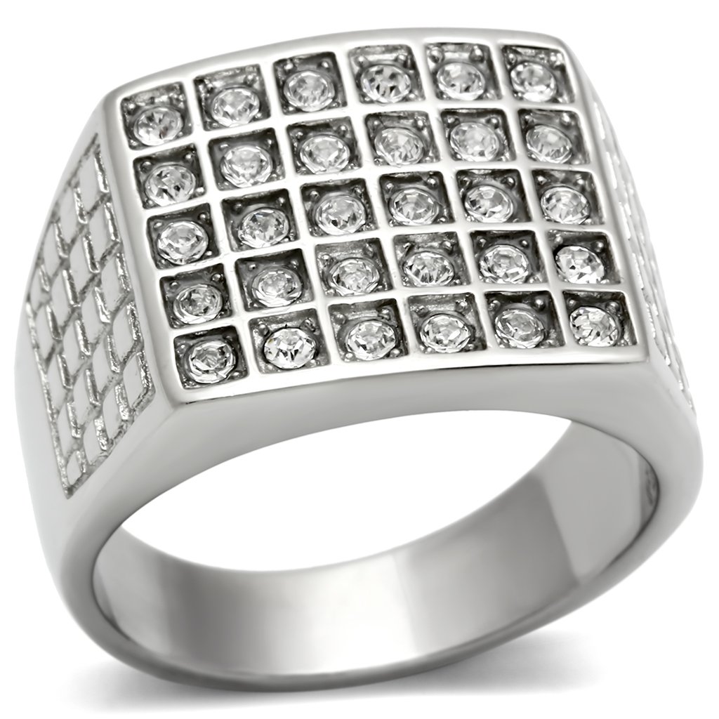 Men's stainless steel ring featuring a clear synthetic crystal centerpiece with a high-polished finish.