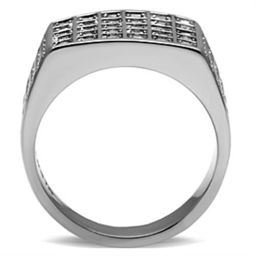 Men's stainless steel ring featuring a clear synthetic crystal centerpiece with a high-polished finish.