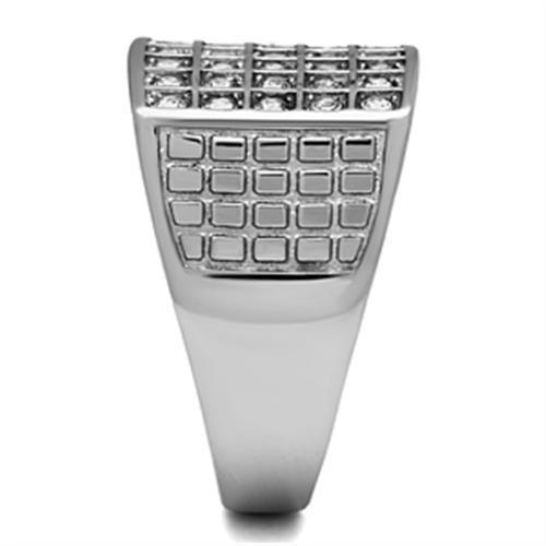 Men's stainless steel ring featuring a clear synthetic crystal centerpiece with a high-polished finish.