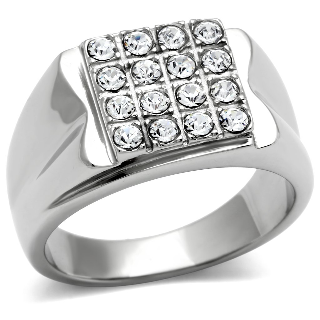 Men's stainless steel ring featuring a clear synthetic crystal, high-polished finish, and modern design.