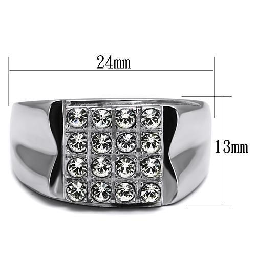 Men's stainless steel ring featuring a clear synthetic crystal, high-polished finish, and modern design.