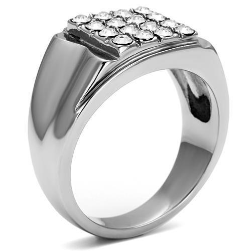 Men's stainless steel ring featuring a clear synthetic crystal, high-polished finish, and modern design.