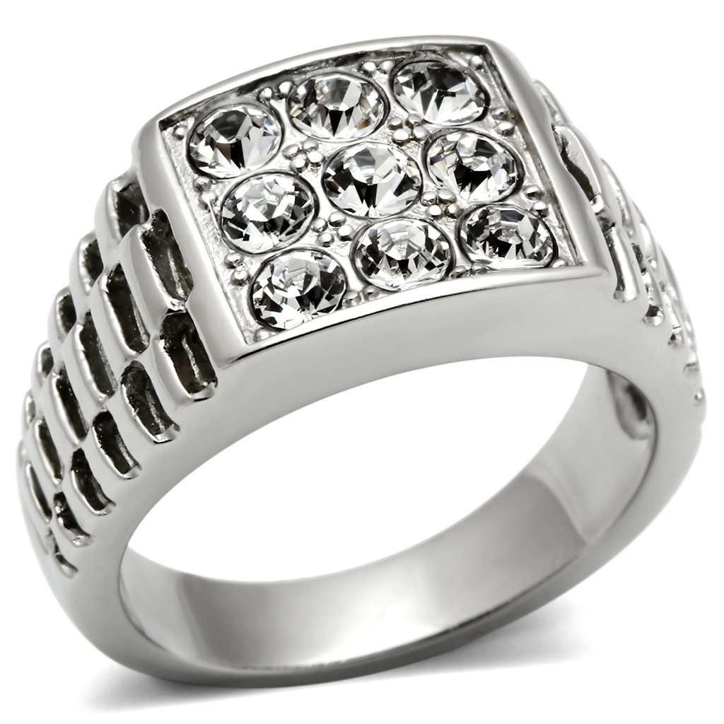 Men's stainless steel ring featuring a high-polished finish and a clear synthetic crystal centerpiece, showcasing elegance and durability.