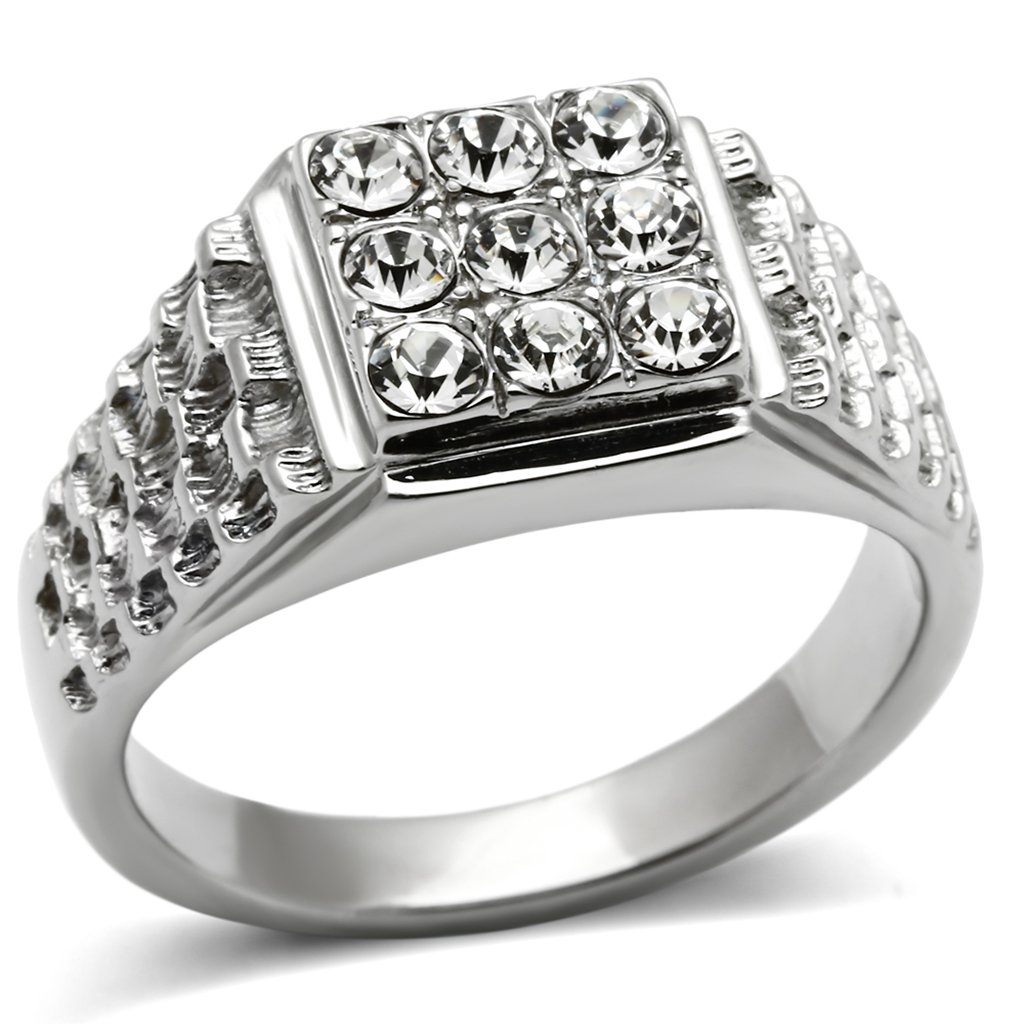 Men's stainless steel ring featuring a clear synthetic crystal, high-polished finish, and modern design.