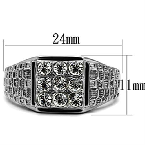 Men's stainless steel ring featuring a clear synthetic crystal, high-polished finish, and modern design.