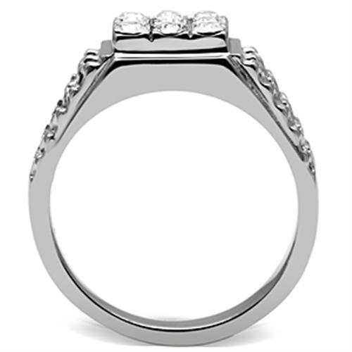 Men's stainless steel ring featuring a clear synthetic crystal, high-polished finish, and modern design.