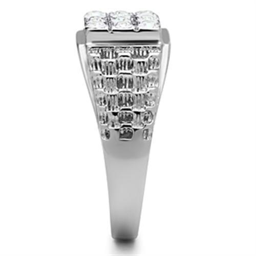 Men's stainless steel ring featuring a clear synthetic crystal, high-polished finish, and modern design.