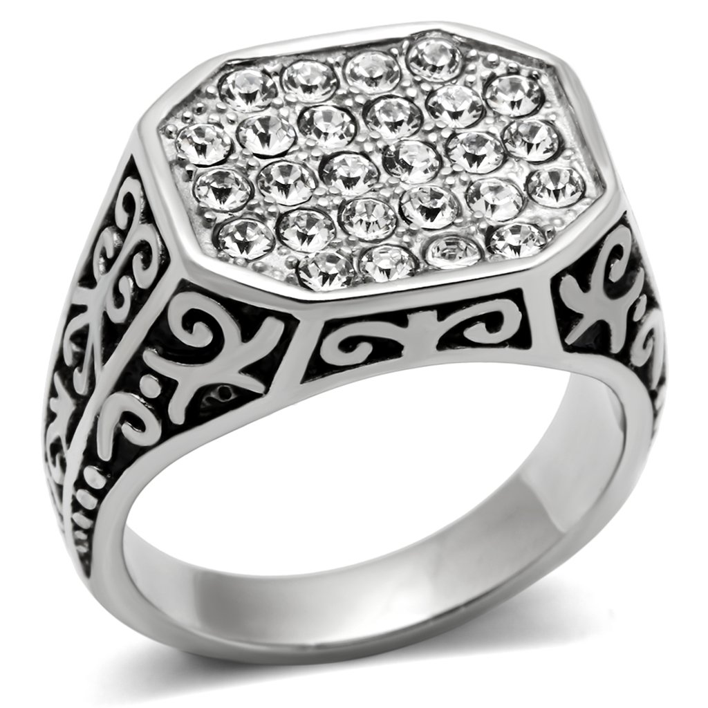 Men's stainless steel ring featuring a clear synthetic crystal, high-polished finish, and sleek design.