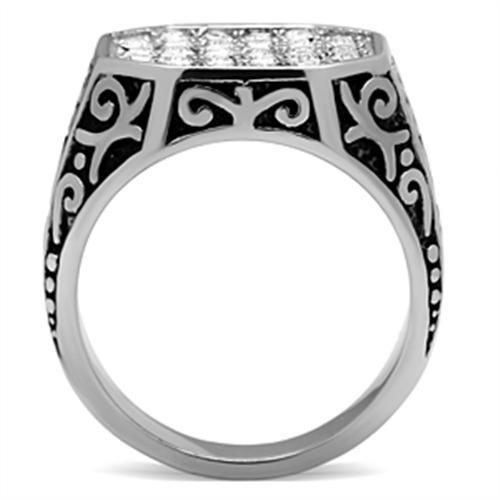 Men's stainless steel ring featuring a clear synthetic crystal, high-polished finish, and sleek design.