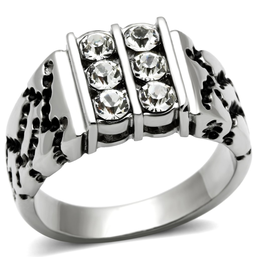 Men's stainless steel ring featuring a clear synthetic crystal centerpiece with a high-polished finish.