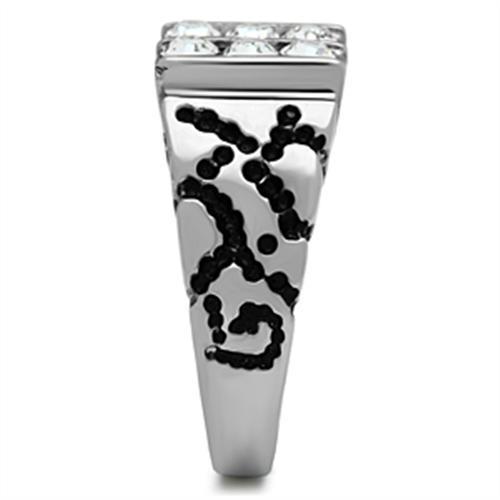 Men's stainless steel ring featuring a clear synthetic crystal centerpiece with a high-polished finish.