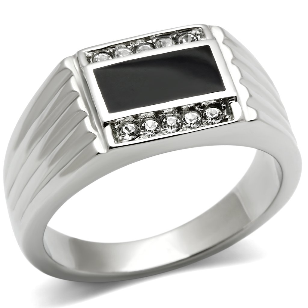 Men's stainless steel ring featuring a clear synthetic crystal centerpiece with a high-polished finish.