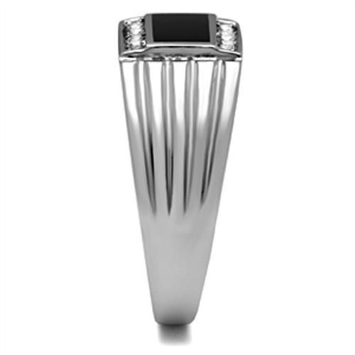 Men's stainless steel ring featuring a clear synthetic crystal centerpiece with a high-polished finish.