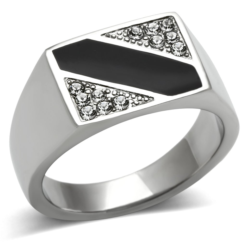 Men's stainless steel ring featuring a clear synthetic crystal centerpiece with a high-polished finish.