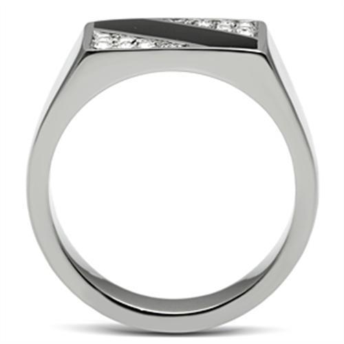 Men's stainless steel ring featuring a clear synthetic crystal centerpiece with a high-polished finish.