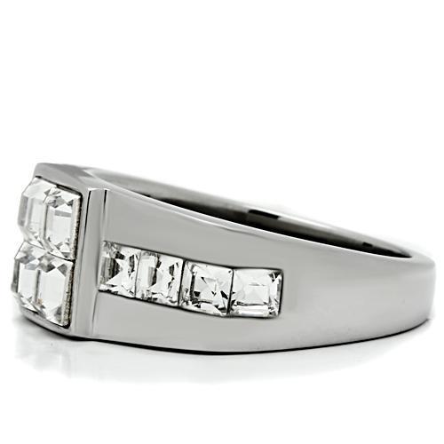 Men's stainless steel ring featuring a high-polished finish and a clear synthetic crystal centerpiece, showcasing modern elegance.