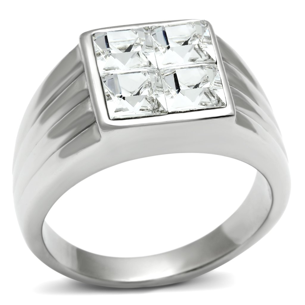 Men's stainless steel ring featuring a clear synthetic crystal centerpiece, high-polished finish, and sleek design.