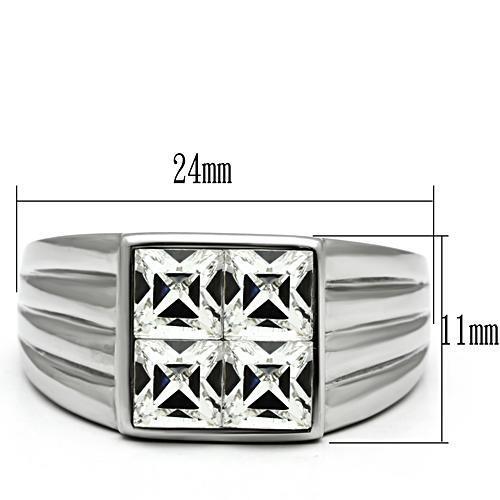 Men's stainless steel ring featuring a clear synthetic crystal centerpiece, high-polished finish, and sleek design.