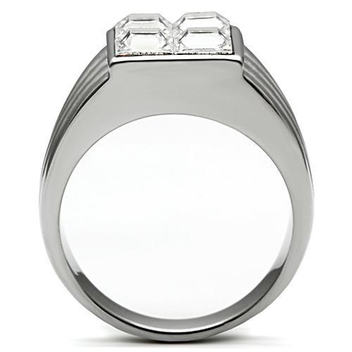 Men's stainless steel ring featuring a clear synthetic crystal centerpiece, high-polished finish, and sleek design.