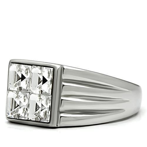 Men's stainless steel ring featuring a clear synthetic crystal centerpiece, high-polished finish, and sleek design.