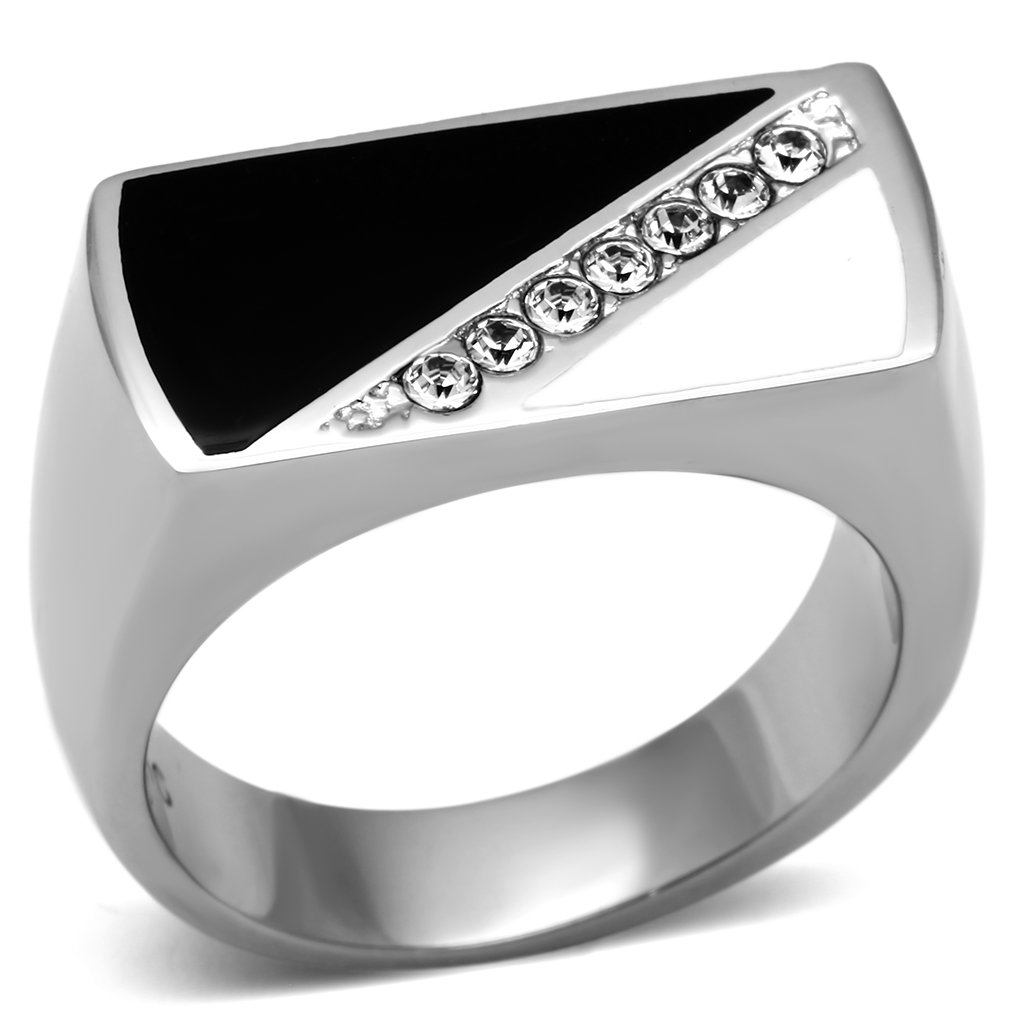 Men's stainless steel ring featuring a clear synthetic crystal, high-polished finish, and elegant design.