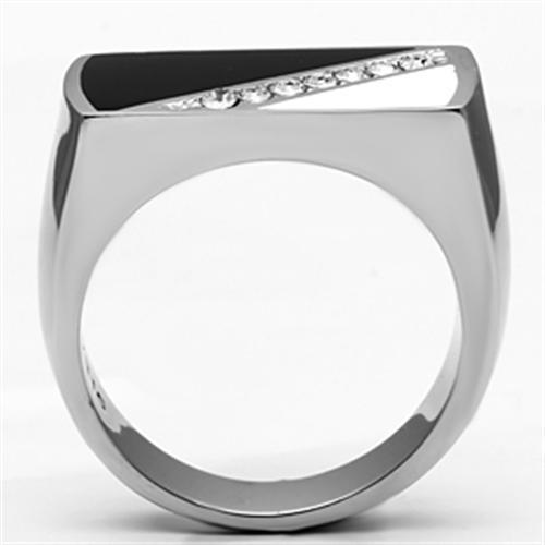 Men's stainless steel ring featuring a clear synthetic crystal, high-polished finish, and elegant design.