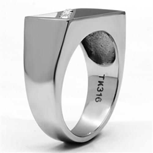 Men's stainless steel ring featuring a clear synthetic crystal, high-polished finish, and elegant design.