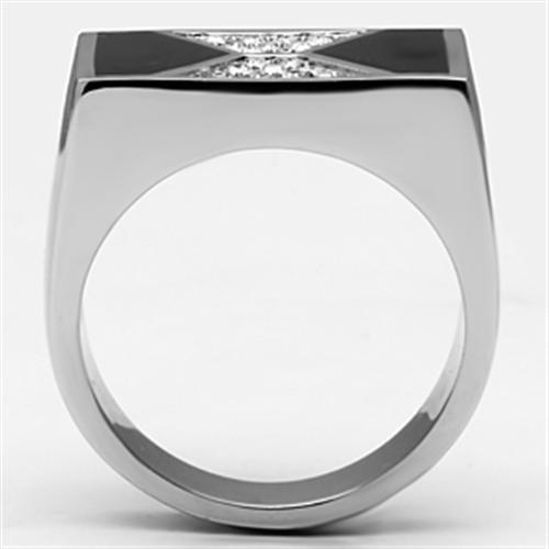 Men's stainless steel ring featuring a clear synthetic crystal, high-polished finish, and modern design.