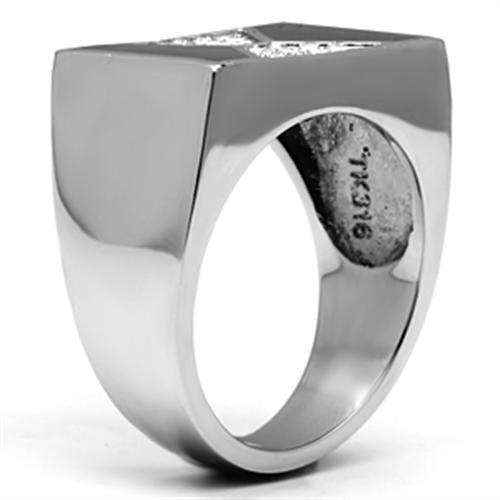 Men's stainless steel ring featuring a clear synthetic crystal, high-polished finish, and modern design.