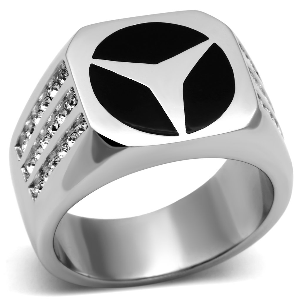 Men's stainless steel ring featuring a clear synthetic crystal, high-polished finish, and elegant design.