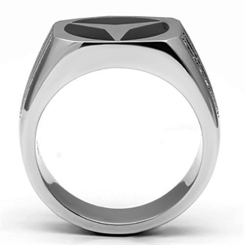 Men's stainless steel ring featuring a clear synthetic crystal, high-polished finish, and elegant design.