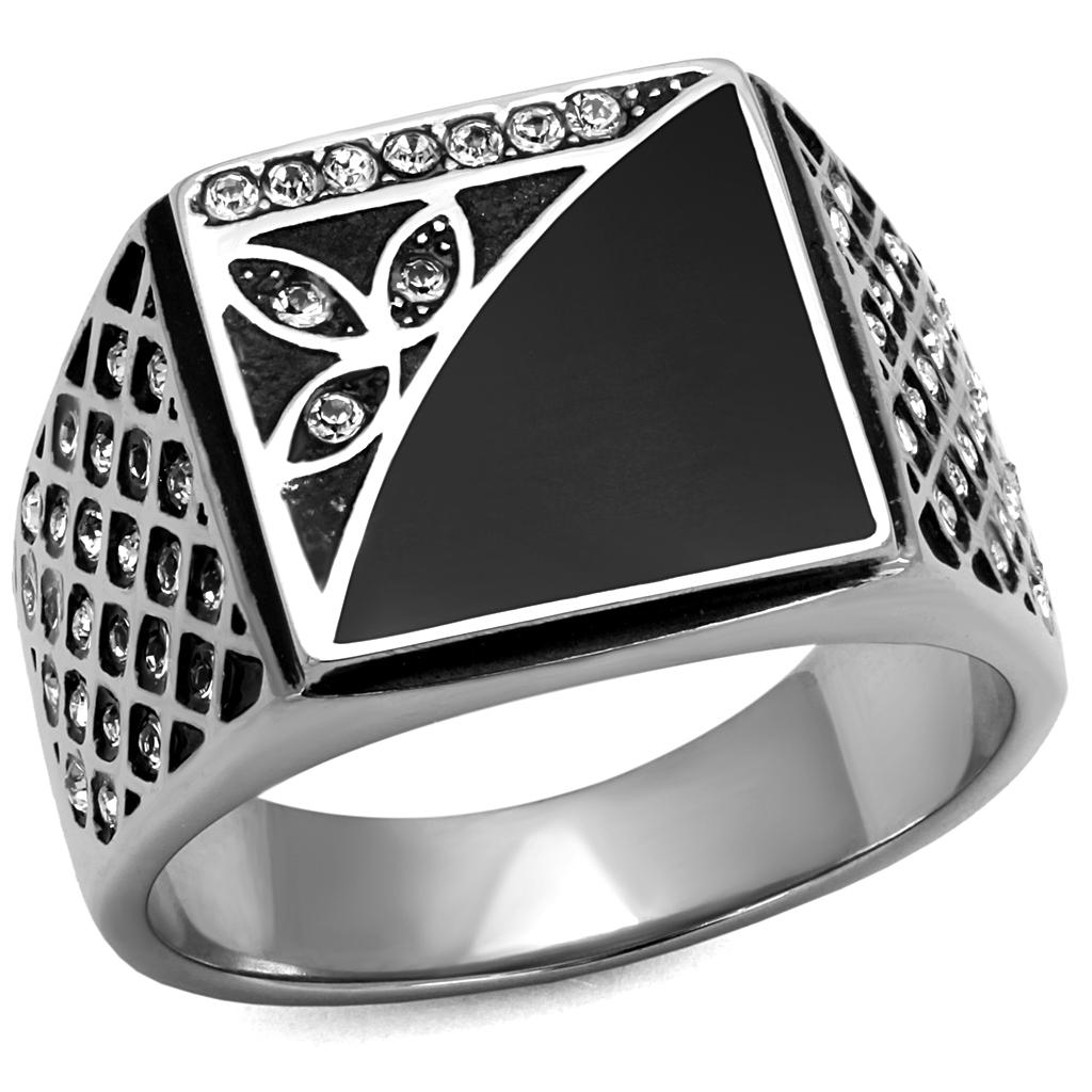 Men's stainless steel ring featuring a clear synthetic crystal centerpiece, high-polished finish, and sleek design.