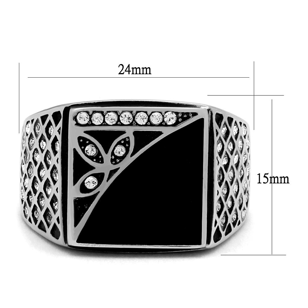 Men's stainless steel ring featuring a clear synthetic crystal centerpiece, high-polished finish, and sleek design.