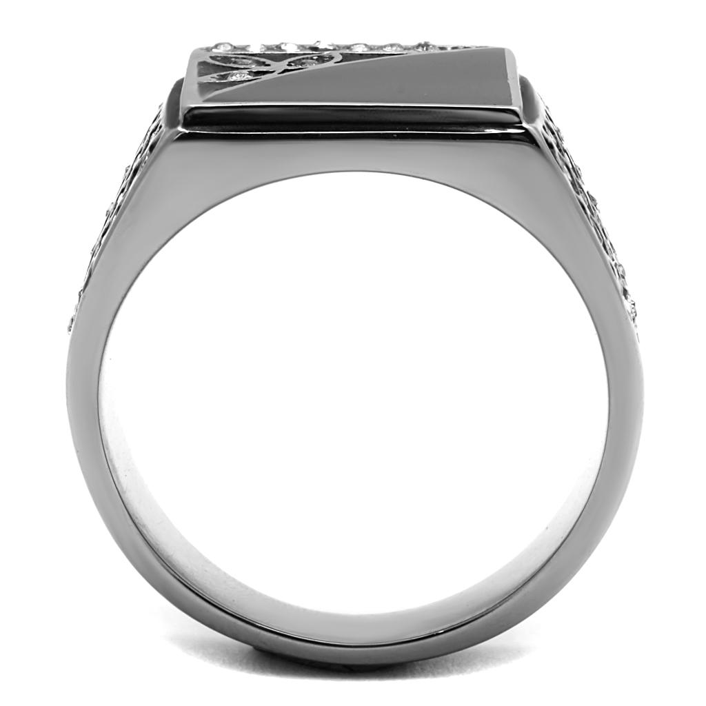 Men's stainless steel ring featuring a clear synthetic crystal centerpiece, high-polished finish, and sleek design.