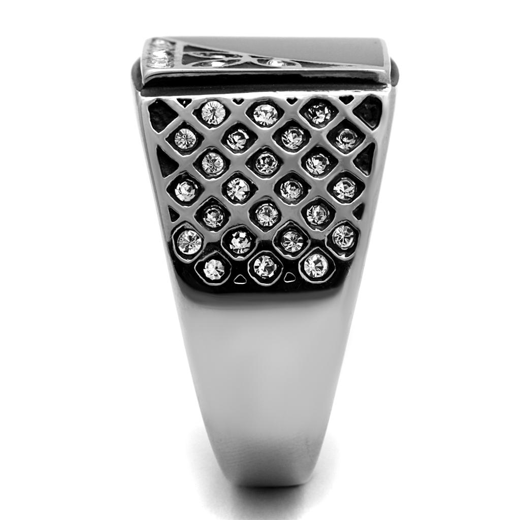 Men's stainless steel ring featuring a clear synthetic crystal centerpiece, high-polished finish, and sleek design.