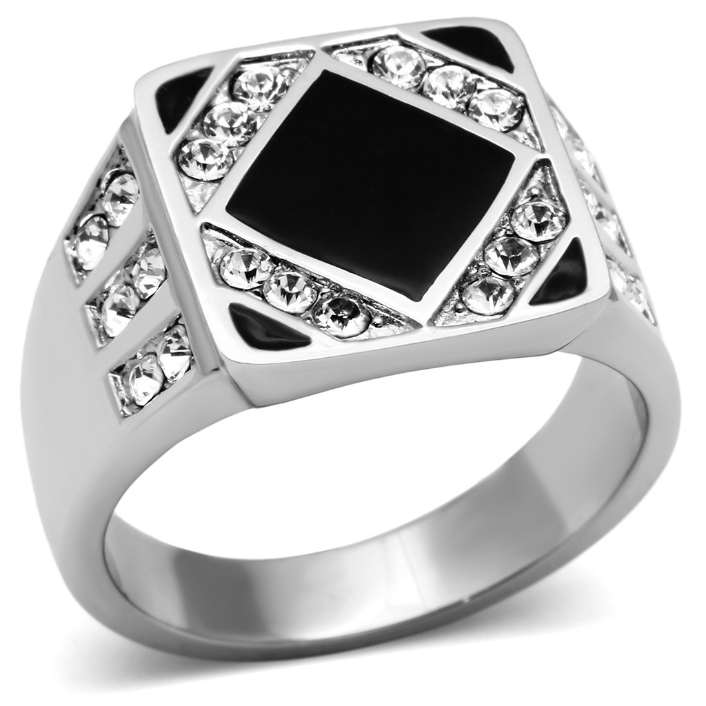 Men's stainless steel ring featuring a clear synthetic crystal centerpiece, high-polished finish for a sleek look.