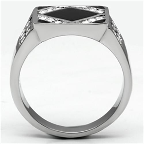 Men's stainless steel ring featuring a clear synthetic crystal centerpiece, high-polished finish for a sleek look.