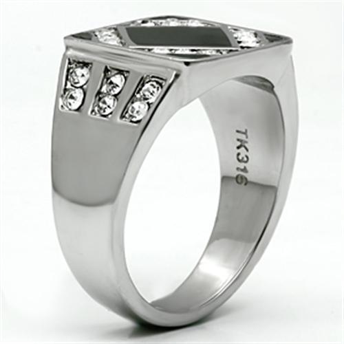 Men's stainless steel ring featuring a clear synthetic crystal centerpiece, high-polished finish for a sleek look.