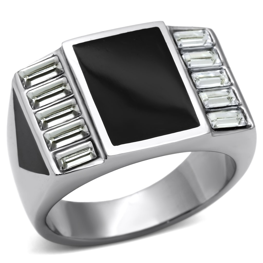 Men's stainless steel ring featuring a clear synthetic crystal, high-polished finish, and modern design.