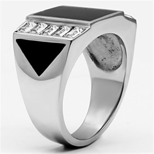 Men's stainless steel ring featuring a clear synthetic crystal, high-polished finish, and modern design.