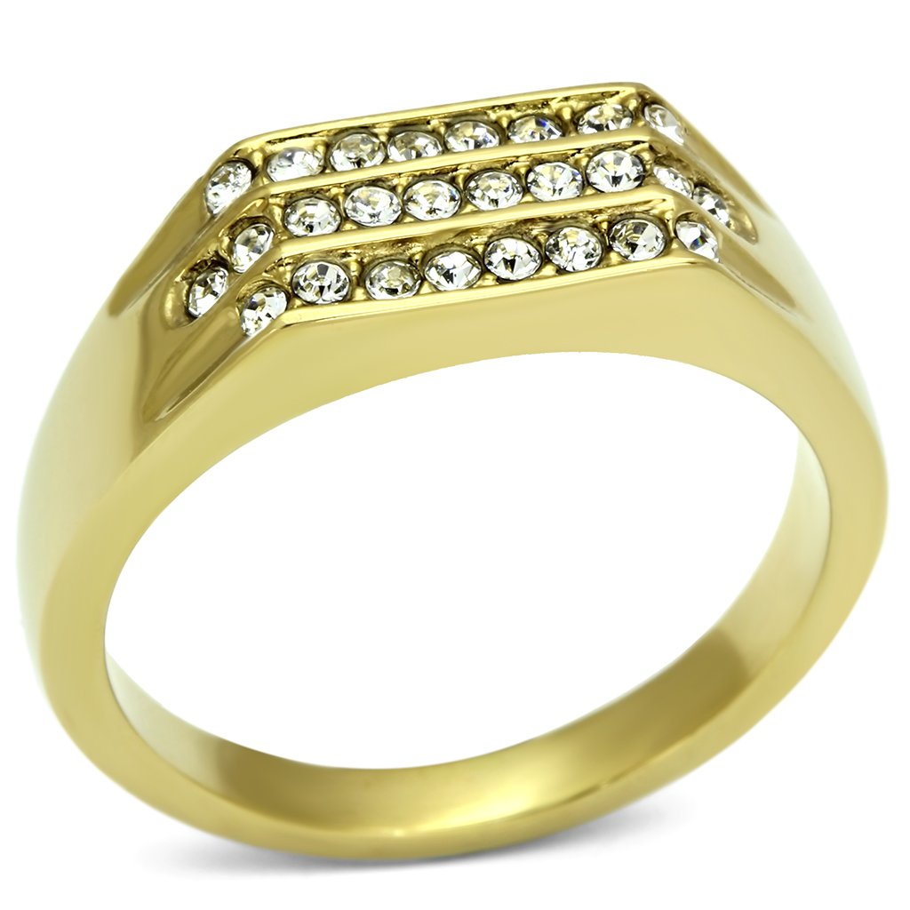 Gold ring with embedded diamonds.