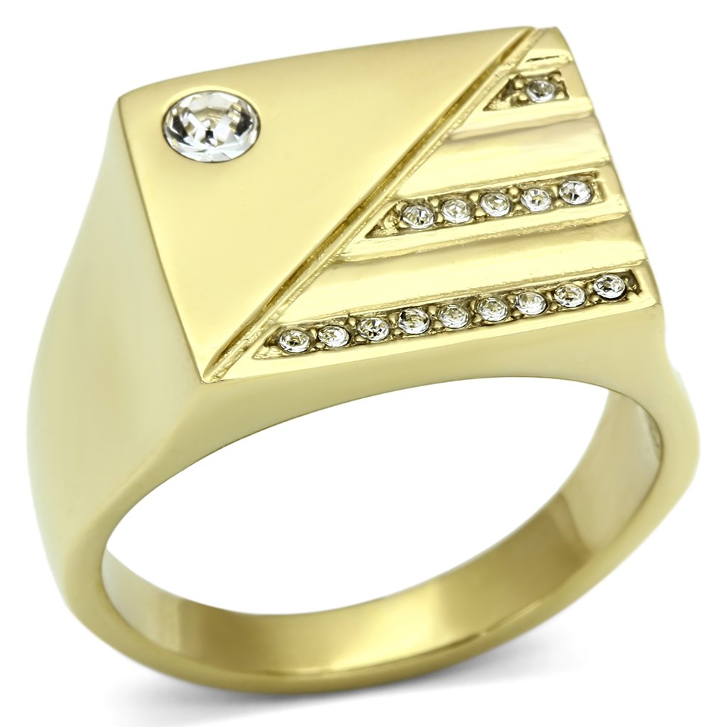 Men's stainless steel ring with synthetic crystal and IP gold finish, showcasing elegance and durability.