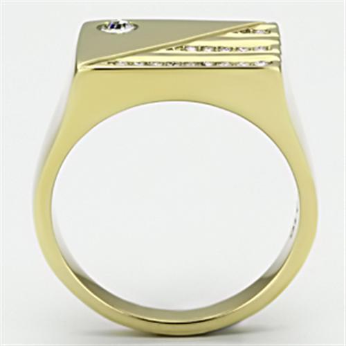 Men's stainless steel ring with synthetic crystal and IP gold finish, showcasing elegance and durability.