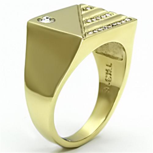 Men's stainless steel ring with synthetic crystal and IP gold finish, showcasing elegance and durability.