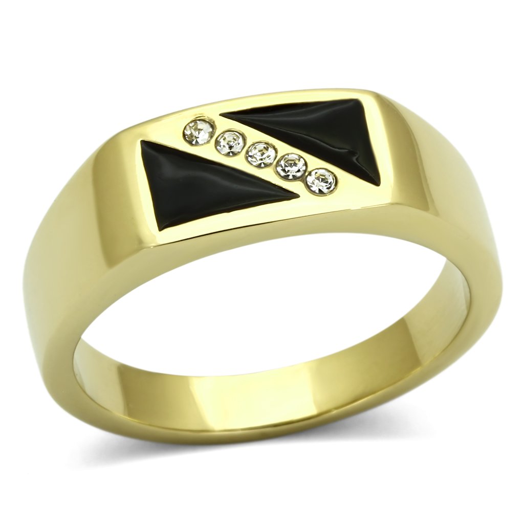 Men's stainless steel ring with synthetic crystal, featuring IP gold ion plating for a luxurious finish.