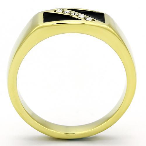 Men's stainless steel ring with synthetic crystal, featuring IP gold ion plating for a luxurious finish.