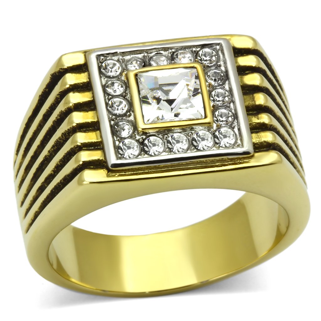 Men's stainless steel ring with synthetic crystal and two-tone gold finish, showcasing elegance and durability.